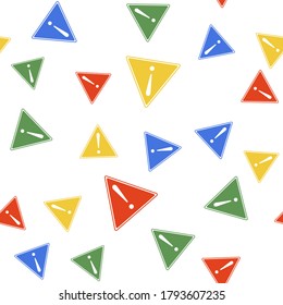 Color Exclamation mark in triangle icon isolated seamless pattern on white background. Hazard warning sign, careful, attention, danger warning important sign. Vector.