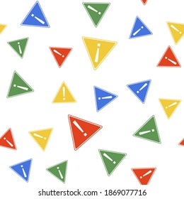 Color Exclamation mark in triangle icon isolated seamless pattern on white background. Hazard warning, careful, attention, danger warning important information. Vector.