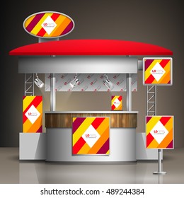 Color exhibition stand design with red, orange and yellow diagonal lines. Booth template. Corporate identity