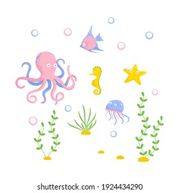 color exotic sea inhabitants characters. fairy fun marine life. smile emotion fish and wild marine animals in ocean. underwater coral reef dwellers, undersea fauna. flat cartoon on white background
