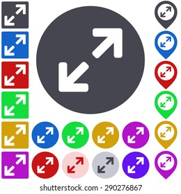 Color expand icon, button, symbol set. Square, circle and pin versions.