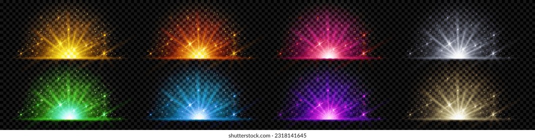 Color explode glow with light ray and shine vector effect. Magic burst beam with flare and sparkle powder. Miracle night energy isolated glimmer png. Different illuminated festive glare explosion