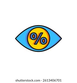Color Eye with percent icon isolated on white background. Shopping tag sign. Special offer sign. Discount coupons symbol. Flat filled outline style with shadow. Vector