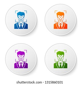 Color Face recognition icon isolated on white background. Face identification scanner icon. Facial id. Cyber security concept. Set color icon in circle buttons. Vector Illustration