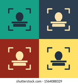 Color Face recognition icon isolated on color background. Face identification scanner icon. Facial id. Cyber security concept. Vintage style drawing. Vector Illustration