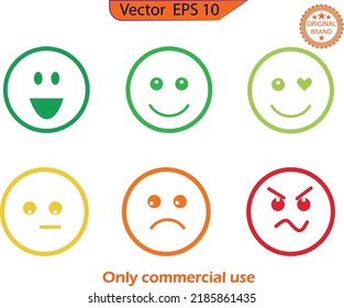 Color Faces For Feedback Or Mood  Icons. Five facial expression of feedback icon. Rating satisfaction vector illustration. Clip art. Transparent background. 