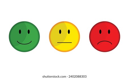 Color Faces Mood - 3 Sticker Vector Icons. Button Icon Feedback Rating Green Yellow Red. flat illustrations of various emoticons