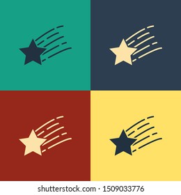 Color Falling star icon isolated on color background. Shooting star with star trail. Meteoroid, meteorite, comet, asteroid, star icon. Vintage style drawing. Vector Illustration