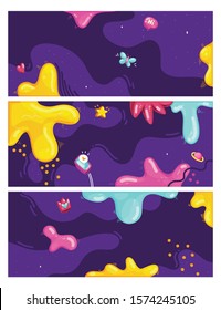 color fantasy abstract splash background set. cartoon vector colorful illustration