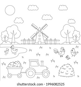 Color farm landscape with cute animals. Educational coloring page for kids.