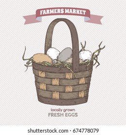 Color farmers market label with egg basket. Includes hand drawn elements. Great for markets, grocery stores, organic shops, food label design.