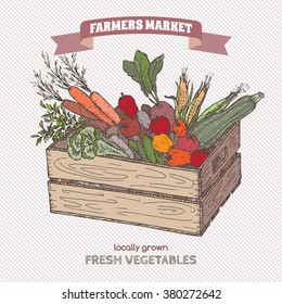 Color farmers market label with vegetables in wooden crate. Based on hand drawn sketch. 