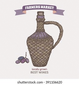 Color farmers market label with wine bottle in wicker case. Hand drawn sketch. Great for markets, grocery stores, organic shops, food label design. 