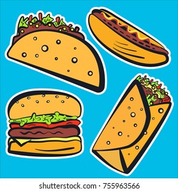 Color fast food with black outline stickers set. Cartoon flat linear fastfood including hamburger, tacos, burrito, hot dog labels for fast food restaurant or cafe menu, advertisement, banners