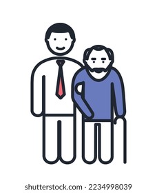 Color father and son icon. Young guy holds elderly man by hand, grandfather with stick. Minimalistic logo for company and branding, poster or banner for website. Cartoon flat vector illustration