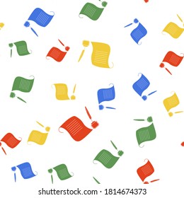 Color Feather in the inkwell and paper scroll icon isolated seamless pattern on white background. Vector.