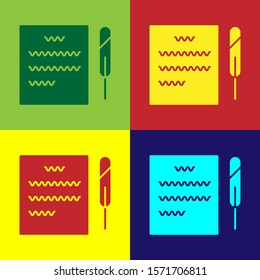 Color Feather pen and paper scroll icon isolated on color background.  Vector Illustration