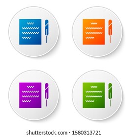 Color Feather pen and paper scroll icon isolated on white background. Set icons in circle buttons. Vector Illustration