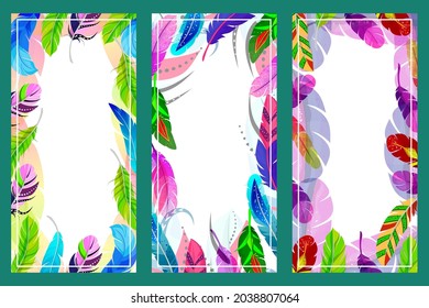 Color feather poster with empty text place, concept greeting card with fashion design plumage flat vector illustration, isolated on green.