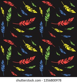 Color feathers dark background seamless pattern, vector