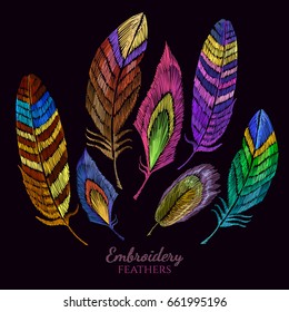 Color feathers embroidery collection fashionable template for design of clothes, t-shirt design. Beautiful feathers of tropical birds classic embroidery 