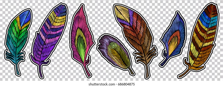 Color feathers embroidery element collection, fashionable template for design of clothes, t-shirt design. Beautiful feathers of tropical birds, classic embroidery art vector 