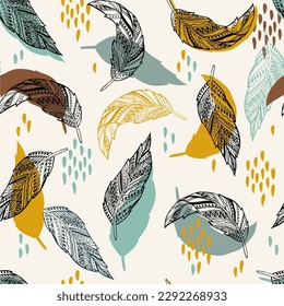 Color feathers seamless pattern. Classic embroidery. Fashionable template for clothes, t-shirt design. Tribal style, native american art 