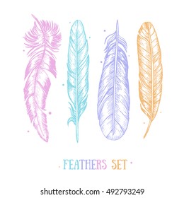 Color Feathers Set Hand Draw Sketch Card Boho or Ethnic Style. Vector illustration of Feather Colorful. Bird fly design for T-shirt, Wedding Card, Invitation, Greeting Card.