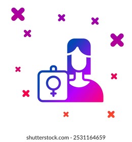 Color Female movement, feminist activist with banner and placards icon isolated on white background. Feminist rights movement, feminism sisterhood. Gradient random dynamic shapes. Vector