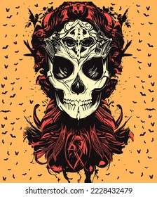 color feminine sugar skull tattoo hand drawn vector colored clip art
