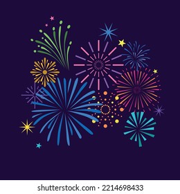 Color festive exploding fireworks elements. Magical firework, new year, anniversary party scene. Abstract celebrating festival with pyrotechnic neoteric vector graphic