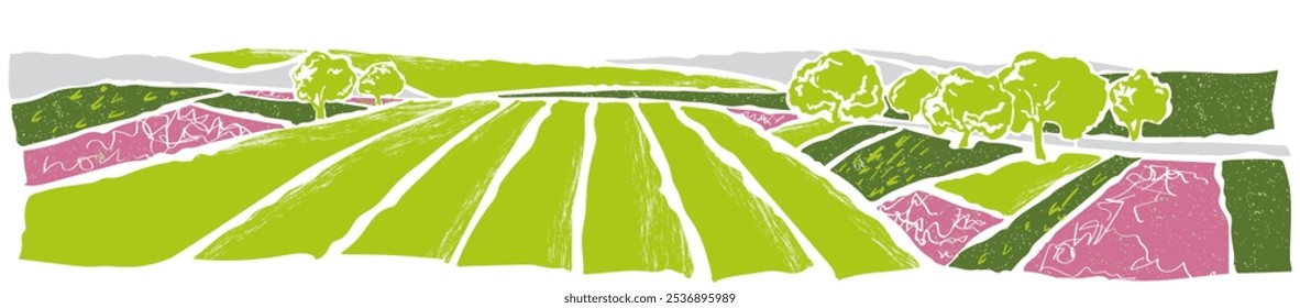 Campo de color en Pequeñas colinas. Prado verde hierba, pastizales, pastos, granja, árboles. Paisaje rural panorama de pastos del campo. Ilustración vectorial dibujada a mano