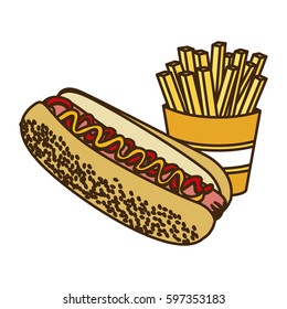 color figure with hot dog and french fries vector illustration