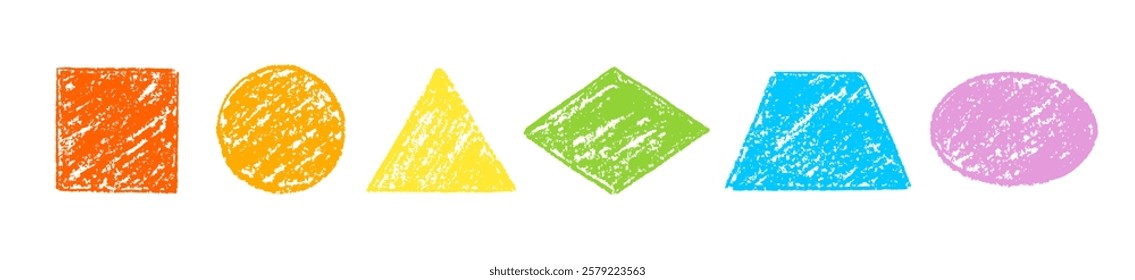 Color figure with pencil texture. Kid shape set with circle, square, oval, triangle, trapezoid, rhombus. Pastel crayon paint background. Doodle vector geometric figure bg. Child shape in rainbow color