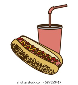 color figure of soda with straw and hot dog vector illustration