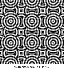 Color figures background. Circles and squares texture. Ethnic motif. Seamless surface pattern design with circular embroidery ornament. Digital paper with rings for textile print, web designing.
