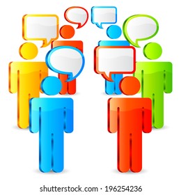 Color figures of people with talk bubbles over their heads.