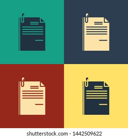 Color File document and paper clip icon isolated on color background. Checklist icon. Business concept. Vintage style drawing. Vector Illustration