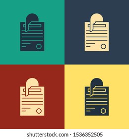 Color File document and paper clip icon isolated on color background. Checklist icon. Business concept. Vintage style drawing. Vector Illustration