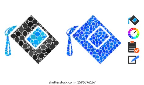 Color fill mosaic of small circles in different sizes and color tinges, based on color fill icon. Vector small circles are united into blue mosaic. Dotted color fill icon in usual and blue versions.