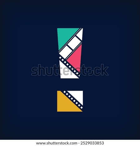 Color film photo collage exclamation mark sign, logo design in modern form. Simple geometric corporate identity design.