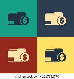 Color Finance document folder icon isolated on color background. Paper bank document with dollar coin for invoice or bill concept. Vintage style drawing. Vector Illustration