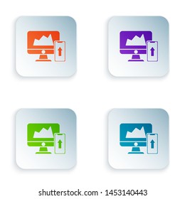 Color Financial chart or graph on the computer monitor and mobile phone icon on white background. Strategy, planning, data, investment. Set icons in colorful square buttons. Vector Illustration