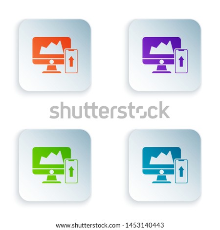 Color Financial chart or graph on the computer monitor and mobile phone icon on white background. Strategy, planning, data, investment. Set icons in colorful square buttons. Vector Illustration