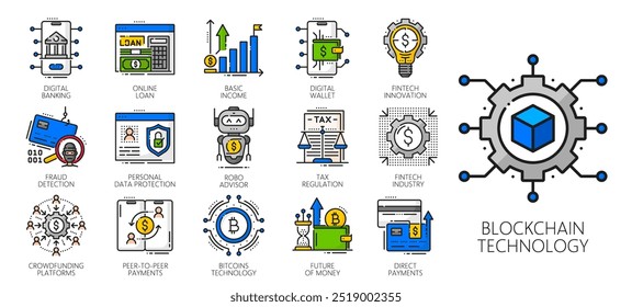 Color fintech, blockchain and cryptocurrency technology icons, business and finance vector symbols. Fintech financial icons of bitcoin money, digital wallet, banking payment and currency exchange