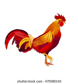 Color fire cock on white background looking at right. Chinese calendar Zodiac for 2017 New Year of red rooster. Isolated vector silhouette made in paper cut style.