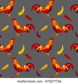 Color fire cock seamless pattern on gray background. Chinese calendar Zodiac for 2017 New Year of red rooster.