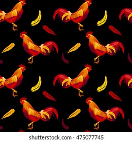 Color fire cock seamless pattern on black background. Chinese calendar Zodiac for 2017 New Year of red rooster.