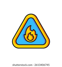 Color Fire flame in triangle icon isolated on white background. Warning sign of flammable product. Flat filled outline style with shadow. Vector