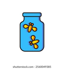 Color Fireflies bugs in a jar icon isolated on white background. Flat filled outline style with shadow. Vector